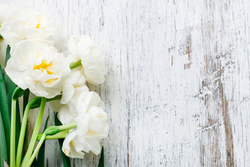 White narcissus flowers on wooden background.