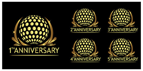 Anniversary golf logo. Set of gold icons isolated on black