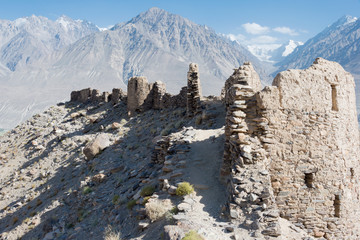Pamir Mountains, Tajikistan - Aug 22 2018: Ruins of Yamchun Fort in the Wakhan Valley in Gorno-Badakhshan, Tajikistan. It is located in the Tajikistan and Afghanistan border.