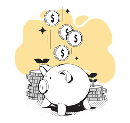 Pig piggy bank with falling coins. Accumulation of finance, saving money, budget.