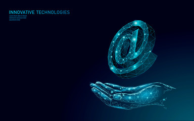 Obraz premium At email social media sign. Low poly 3D polygonal at symbol notification in messenger personal appeal. Online communication web message mobile on hand mail agent vector illustration