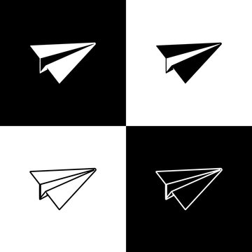 Set Paper plane icons isolated on black and white background. Paper airplane icon. Aircraft sign. Line, outline and linear icon. Vector Illustration