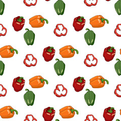 Seamless pattern with bell peppers and bell pepper slices. Endless pattern with red, green and yellow sweet peppers on white background