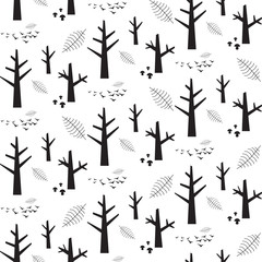 Vector monochrome seamless pattern with black nature elements on a white background