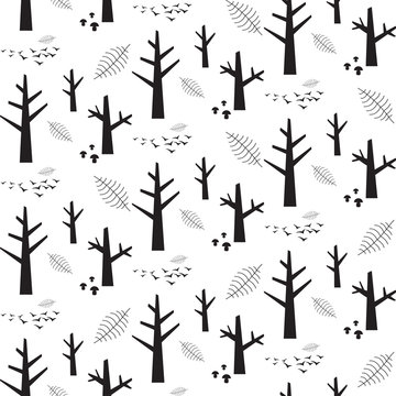 Vector monochrome seamless pattern with black nature elements on a white background
