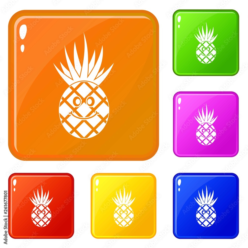 Poster smiling pineapple icons set collection vector 6 color isolated on white background