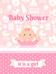 Baby invitation card. Vector. Baby Shower girl design. Cute pink banner. Birth party background. Happy greeting poster. Welcome template invite with newborn kid, polka dot. Cartoon flat illustration.