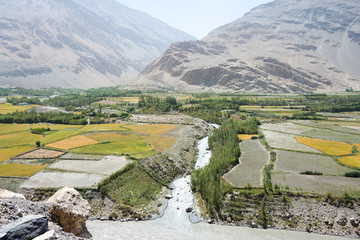 Ishkashim, Tajikistan - Aug 23 2018: Afghanistan Village at Wakhan Valley View from Khaakha...