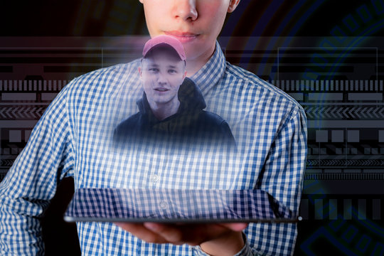 young male call to his friend with hollogram communication b