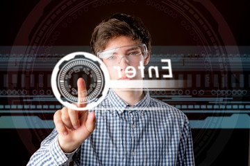 young man use futuristic 3d interface glasses b