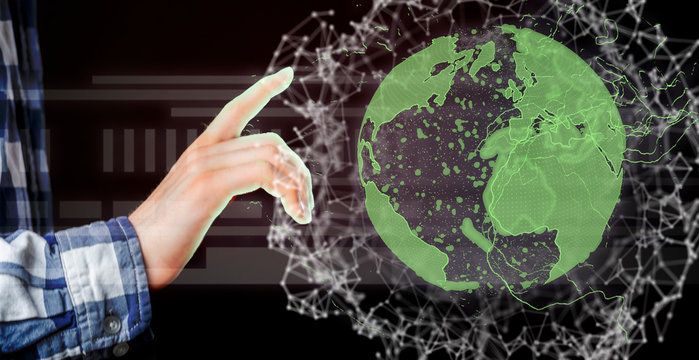 man point at 3d earth gloge hologram b
