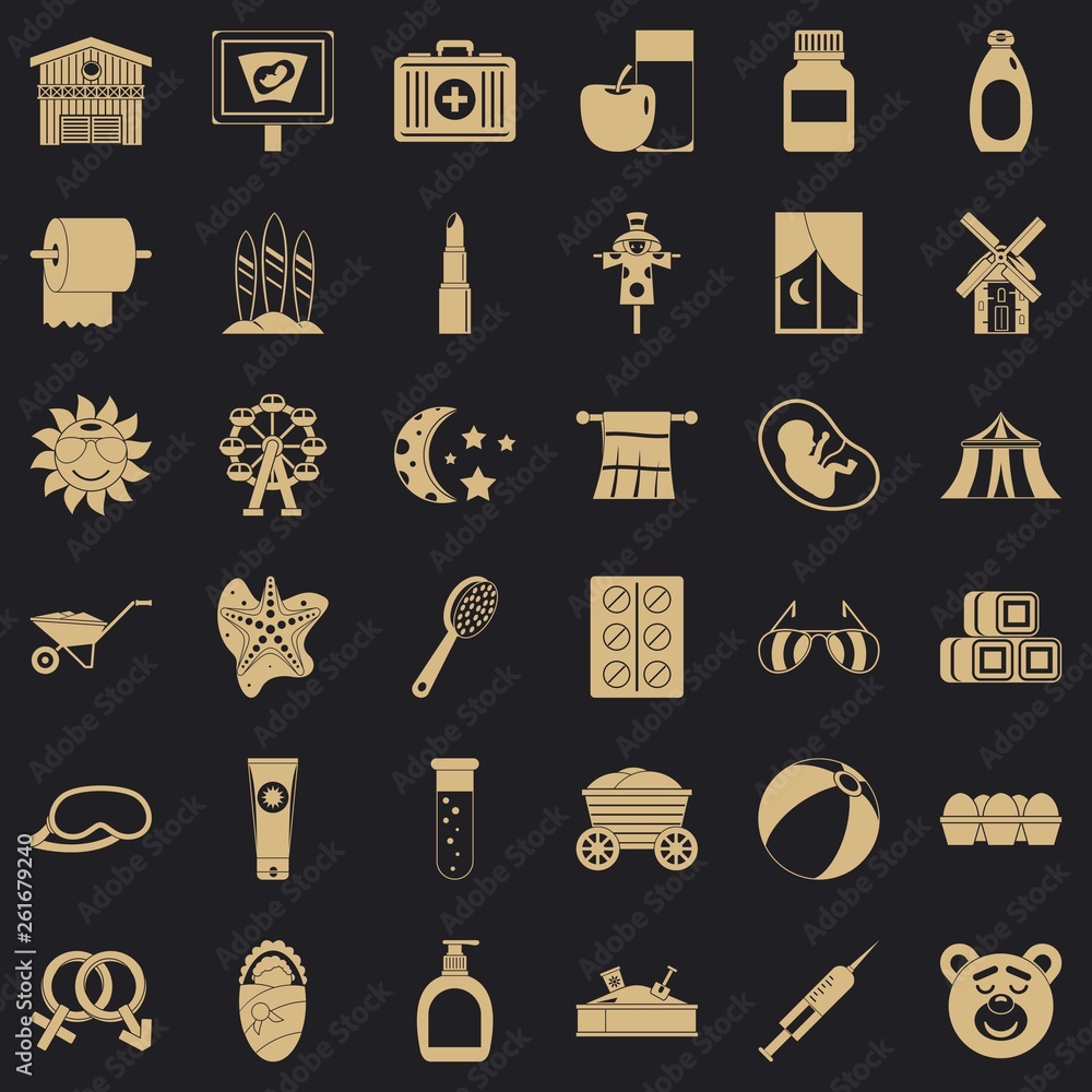 Poster child health icons set. simple style of 36 child health vector icons for web for any design