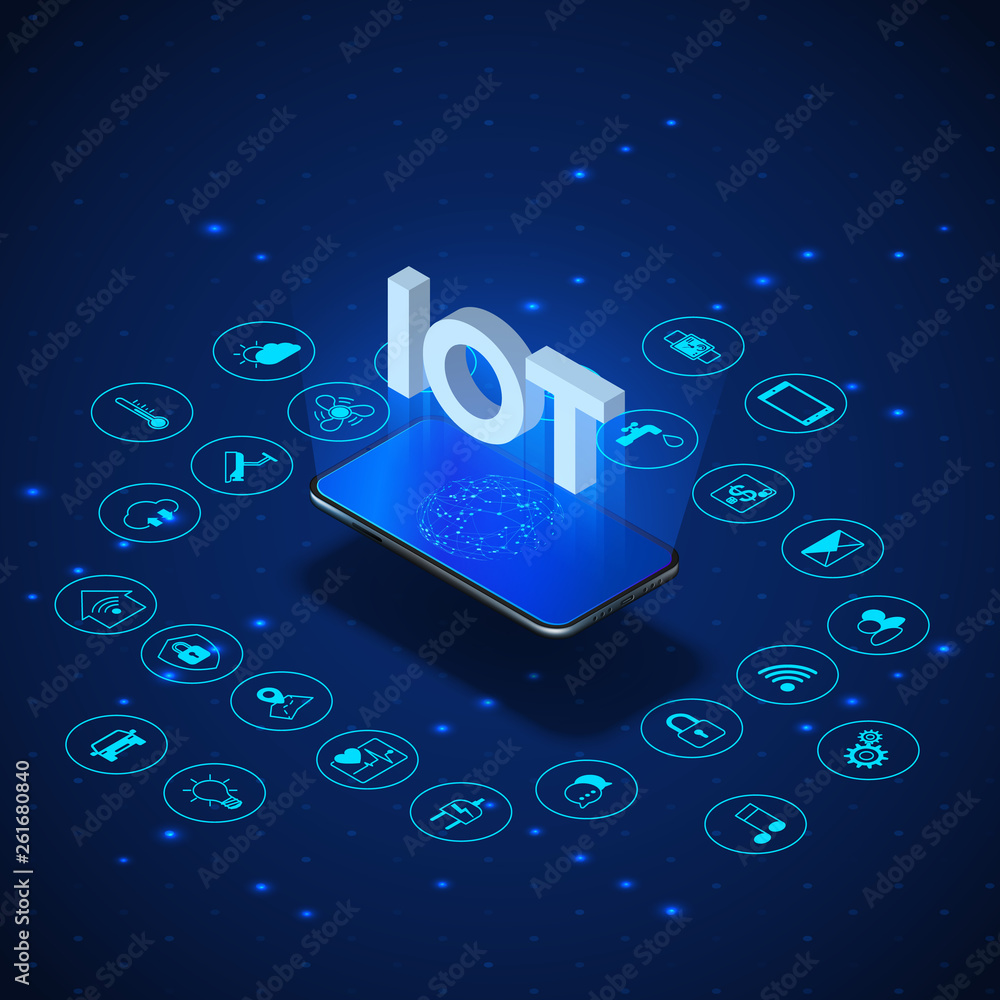Poster internet of things concept. iot isometric banner. digital global ecosystem. monitoring and control b