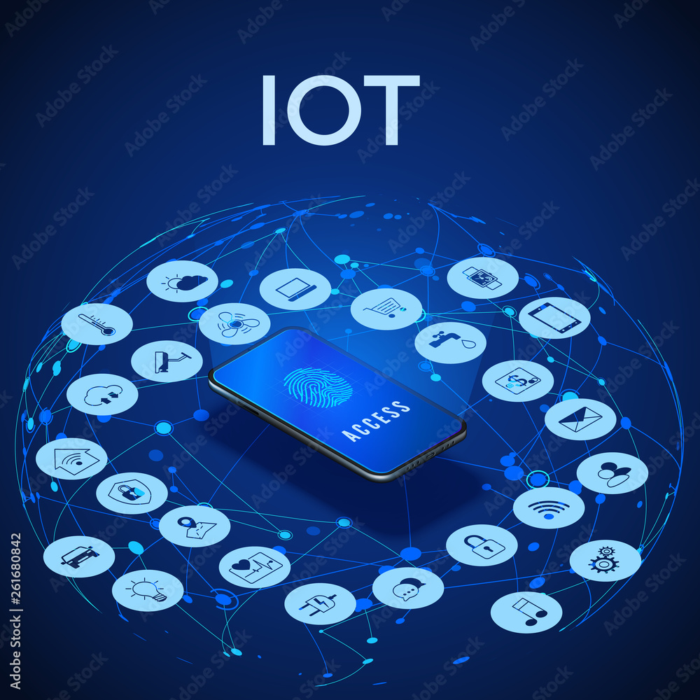 Poster iot isometric concept. digital global ecosystem. monitoring and control by smartphone. vector illust
