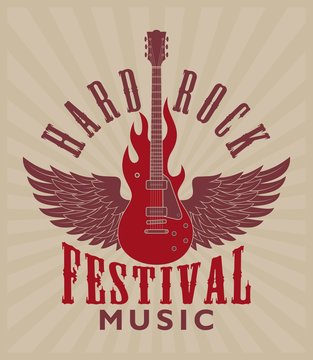 Color illustration of a guitar on fire and text in vintage style. Poster advertising rock music festival