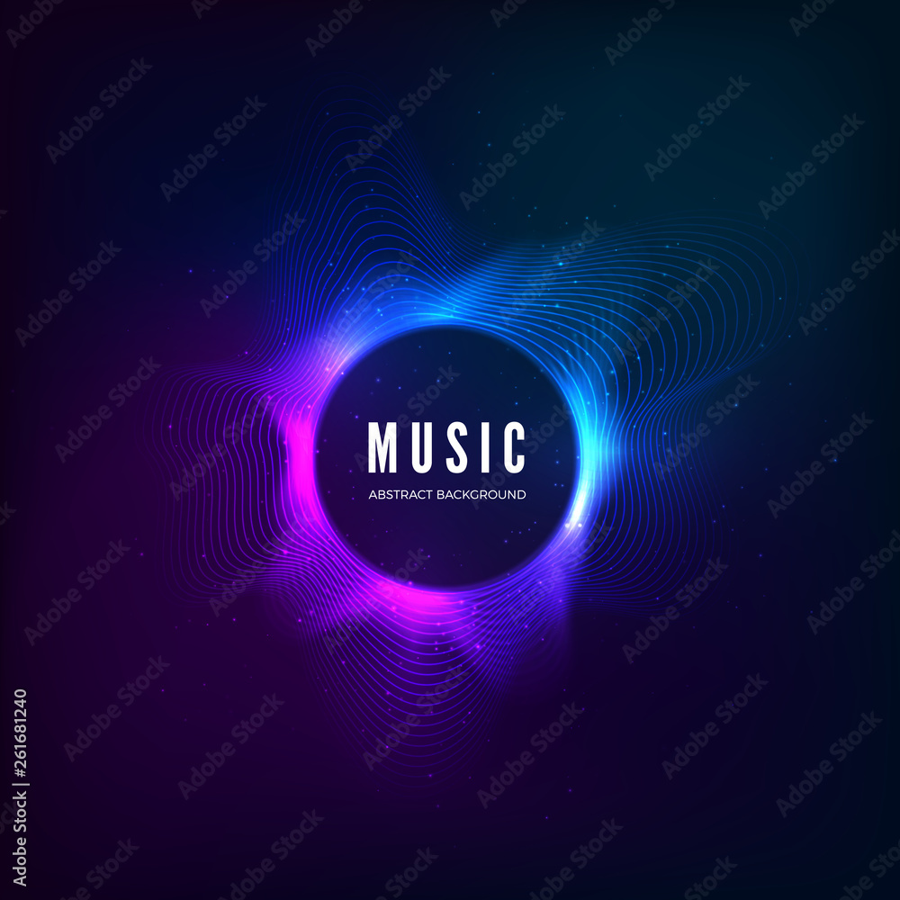 Poster radial sound wave curve with light particles. colorful equalizer. abstract colorful cover for music 