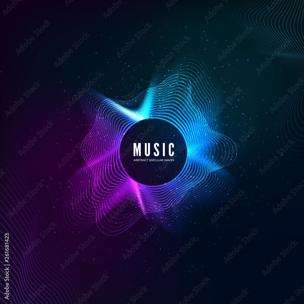 Poster radial sound wave curve with light particles. colorful equalizer background. abstract colorful cover