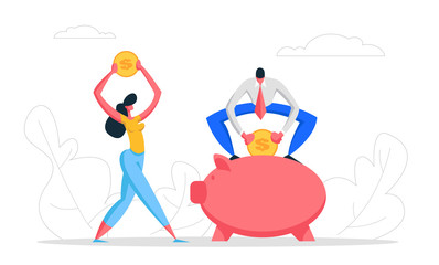 Money Saving Concept with Business People Characters and Piggy Bank. Financial Savings Profit, Salary Investment, Deposit with Businessman Collect Coins in Moneybox. Vector Flat illustration