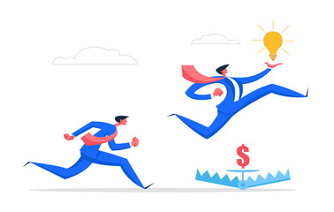 Business Risk Management Creative Idea Concept with Businessman Running Jumping Over Trap. Business Competition Character Challenge with Light Bulb. Flat Vector Cartoon Illustration
