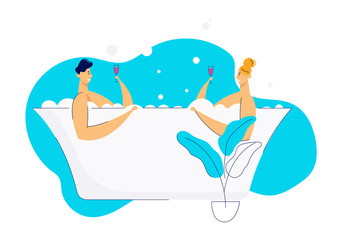 Romantic Dating with Two Lovers in Bath. Happy Couple Relaxing in Bathtub and Drinking Wine. Man and Woman Characters Enjoy Spa Day. Vectot flat cartoon illustration