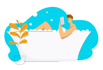 Young Man Relaxing in Bath and Reading E-book. Male Character in Bathroom with Book. Guy Relax in Bathtub Full of Foam. Vector flat cartoon illustration