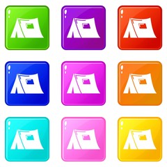 Tourist tent icons set 9 color collection isolated on white for any design