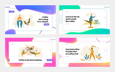 People Characters Drinking Coffee Landing Page Set. Man Skateboarding with Cup of Tea. Woman Walking with Dog and Hot Drink. Guy on Coffee Break Website, Banner. Vector flat cartoon illustration