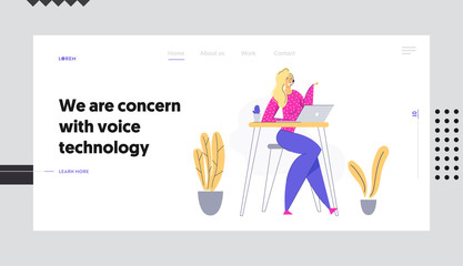 Online Technical Support 24/7 Concept Landing Page Woman Character Consulting Client via Headset. Online Assistance, Female Help Line Call Center Operator Website, Banner. Vector flat illustration