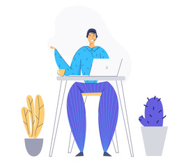 Online Technical Support 24/7 Concept with Man Character Consulting Client via Headset. Online Assistance, Male Help Line Call Center Operator. Vector flat illustration