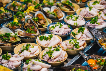 Street food at night in Phu Quoc island in Vietnam | Delicious seafood for tourist at market