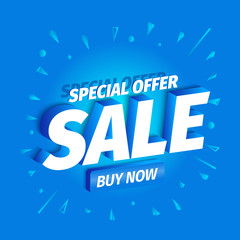 Special offer sale. Buy now. 3d letters on a blue background. Advertising promotion poster. Special offer slogan with button. Call for purchases offer. Vector color Illustration text