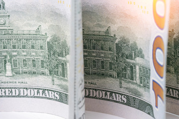 Closeup macro of one hundred US dollar banknote.-Image.