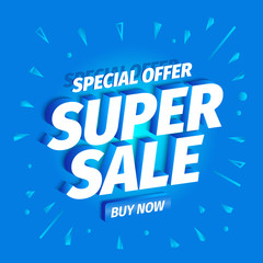 Naklejka na ściany i meble Super sale. 3d letters on a blue background. Advertising promotion poster with button. Special offer slogan, super call for purchases offer. Vector color Illustration text marketing clipart.