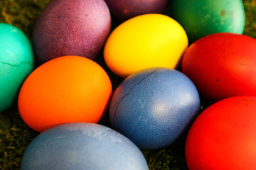 Fototapeta na wymiar colorful easter eggs on green background macro closeup
