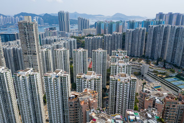 Drone fly over Hong Kong city