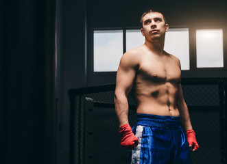 Portrait of young male boxer with strong naked torso, engaging in sport boxing activity to increase the fortitude, posing in gym in red hand bandages. Sport, hobby, martial arts.