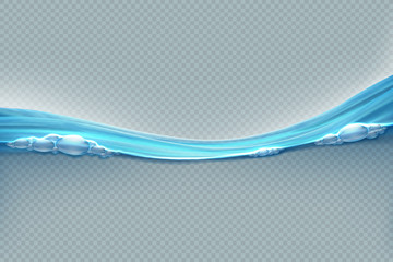 Transparent water surface. Realistic wave splash sea water level with bubbles and droplets. Water motion 3D vector design template. Blue fresh liquid ocean backdrop with ripples on surface