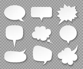 Paper speech bubbles. White blank thought balloons, shouting box. Vintage speech and thinking expression vector bubble set. Speak message cartoon graphic cloud shape