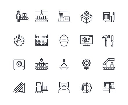 Production line icons. Industry machine production, factory conveyor line, automatic robot manipulator. Industrial vector pictograms template concept engineering set