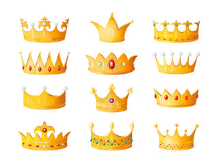 Cartoon crown. Golden emperor prince queen royal crowns diamond coronation gold antique tiara crowning imperial corona jewels isolated vector illustration set © SpicyTruffel