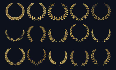 Golden laurel wreath. Realistic crown, leaf shapes winner prize, foliate crest 3D emblems. Vector greek roman laurel silhouettes and olive wreaths honor achievements