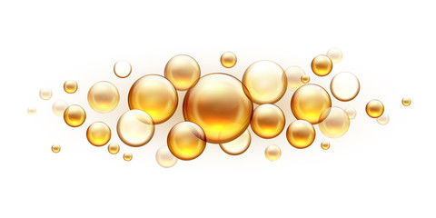 Golden oil bubbles. Cosmetic collagen serum, castor argan jojoba essence vector realistic template isolated on white background. Vitamins almond with fish oil drops for skin and hair
