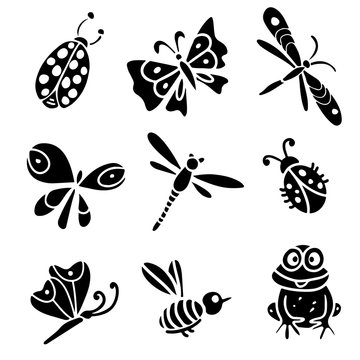 Butterfly, dragonfly, bee, ladybug, frog