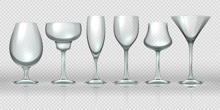 Realistic glass cups. Empty transparent champagne cocktail wine glasses and goblets. Vector realistic 3D crystal glassware design templates for alcohol cocktail whiskey beer and water