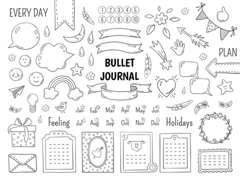 Notebook doodle bullet. Hand drawn diary frame, journal linear list borders and elements. Vector sketch doodle elements planner notes design scribbles