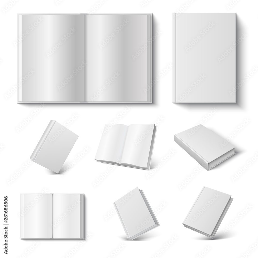 Aufkleber realistic book. 3d mock up open and closed diary with blank hard cover on white background. vector i