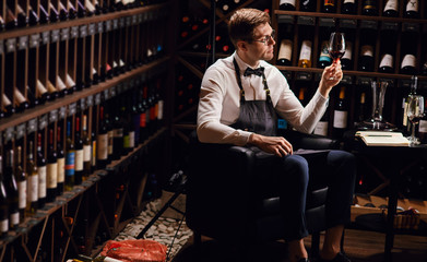 Cavist at store, sommelier at restaurant, critic. Wine Degustation. tasting experience in the club, man holding a glass of delicious wine.
