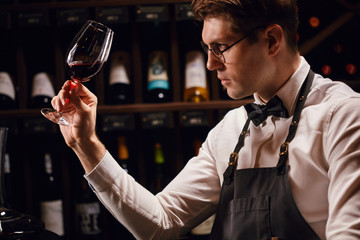Wine tasting experience in hotel or restaurant. Professional guy or sommelier holding glass of delicious red wine appreciting his tint with bottles collection on background
