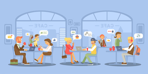 People meeting in cafe flat vector illustration