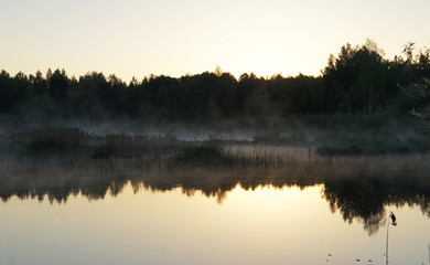 Fototapeta premium Sunlight through the mist above the water. Dawn near the forest river with the reflection of the sun from the water.